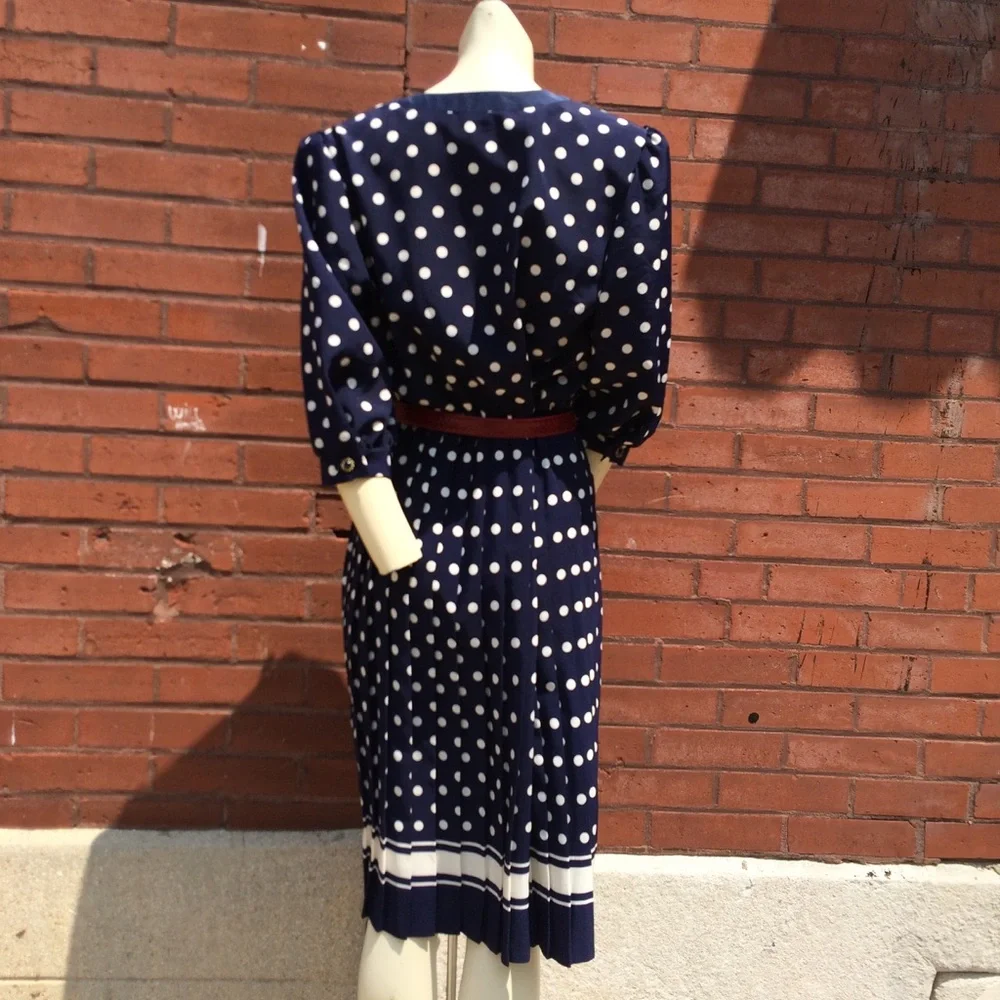 Vintage 80s Classic Navy Polka Dot Dress - Picture 2 of 6